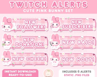 6x Twitch Cute Pink Bunny Stream Alerts | Static .PNGs | Follower, Subscriber, Donation, Cheer Raid Bundle | Kawaii Twitch Alerts Set Pack