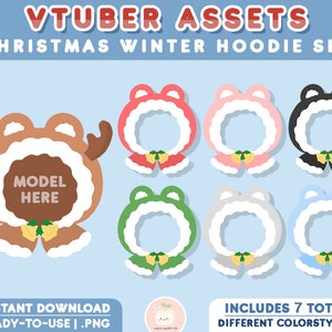 Vtuber Asset Christmas  Hoodie Bundle Set of 7 | PNG File | Cute Bear Reindeer Hat Accessory | For Vtuber Models, PngTuber, Twitch Streamers