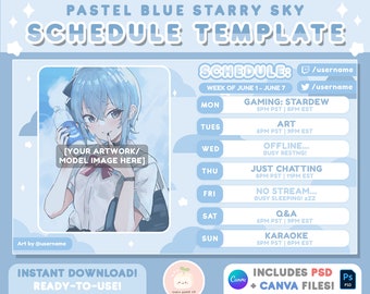 Modelo semanal de programação de transmissão do Twitch do céu estrelado azul bonito | Inclui PSD + CANVA | Ativos Vtuber | Brilho, Estrelas, Nuvens, Kawaii Pastel
