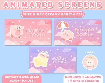 7x GEANIMEERDE Twitch Cute Pink Poyo Stream Schermen | Kawaii, Pastel, Paars, Esthetisch, Dromerige Wolken, Aangepaste | Starten, BRB, Offline scènes