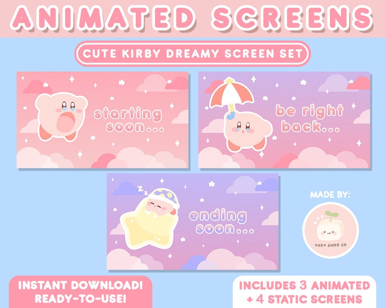 May include: A set of animated and static screens featuring a pink and purple background with clouds and stars. The screens feature a pink character with a large smile and the text "starting soon...", "be right back...", and "ending soon..."