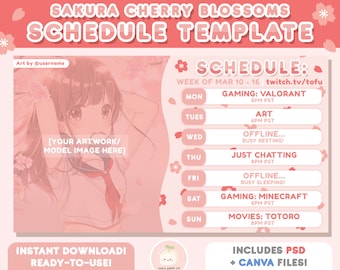 Modelo semanal de programação de stream do Sakura Twitch | Ativos Vtuber | Inclui PSD + CANVA | Rosa Vermelho, Pastel Kawaii Fofo, Programação de Streaming