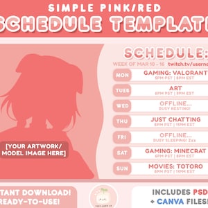 Simple Pink / Red Twitch Stream Schedule Weekly Template | Includes PSD + CANVA | Vtuber Assets | Streamer Graphics | Cute Streamer Schedule