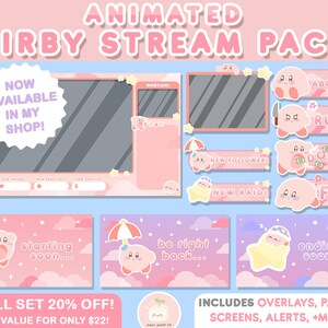 May include: Animated Twitch stream overlay pack featuring Kirby, a pink video game character. The pack includes overlays, panels, screens, alerts, and more. The text "NOW AVAILABLE IN MY SHOP!" is displayed on the top left corner of the image.