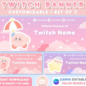 Cute Custom Twitch Banner Template BUNDLE Set of 3 | CANVA File | Customizable + Editable |Pink Purple Kawaii Aesthetic | For Stream Profile