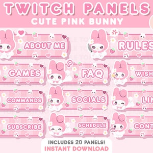 20x Twitch Cute Pink Bunny Stream Panels | Pastell Ästhetik, Schlicht, Herz, Anime Twitch Streamer Grafik | Kawaii Twitch Panels Bundle Pack