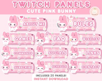 20x Twitch Cute Pink Bunny Stream Panels | Pastel Aesthetic, Simple, Heart, Anime Twitch Streamer Graphic | Kawaii Twitch Panels Bundle Pack
