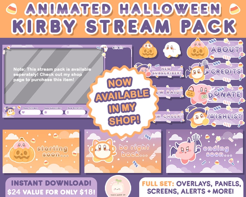 May include: Animated Halloween Twitch stream pack featuring Kirby characters in various poses. The pack includes overlays, panels, screens, alerts, and more. The text "NOW AVAILABLE IN MY SHOP!" is displayed in a large circle.