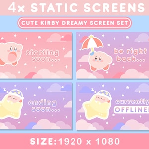 May include: Four pink and purple Twitch screen overlays featuring a pink Kirby character in different poses. The text on the overlays reads "starting soon...", "ending soon...", "be right back...", and "currently OFFLINE!"