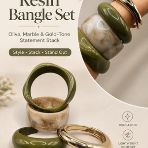 May include: A set of four bangles including two solid olive green resin bangles, one white and brown marbled resin bangle, and one smooth gold-tone metal bangle. The text on the image reads Chunky Resin Bangle Set, Olive, Marble & Gold-Tone Statement Stack, Style, Stack, Stand Out, Bold & Chic, Lightweight Comfort, Elevate Every Outfit.