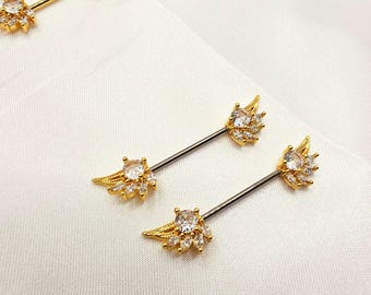 Złote kolczyki do sutków w kształcie skrzydeł anioła z przezroczystymi cyrkoniami – delikatna biżuteria do piercingu w kształcie skrzydeł – sztanga 16G Shield Bar – urocza biżuteria do kobiecego ciała