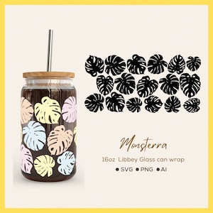 Monsterra Libbey glass can wrap svg, Beer glass can wrap svg, Monsterra svg glass Wrap, SVG glass can wrap for plant lover and plant parent