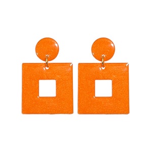 Large Orange Open Square Resin Dangle Drop Earrings bold, statement, lightweight, handmade