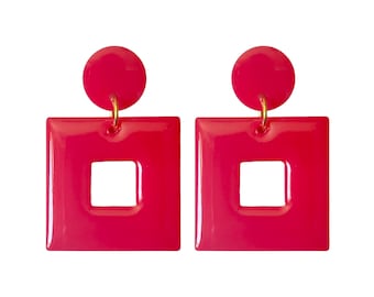 Big Square Red Resin Drop Stud Earrings, lightweight earrings, statement earrings, gift for friend