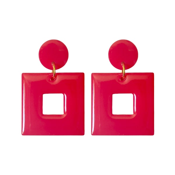 Big Square Red Resin Drop Stud Earrings, lightweight earrings, statement earrings, gift for friend