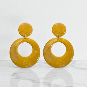 Mustard Yellow Marbled Dangle Hoop Earrings, Mod Retro Style, Pierced or Clip on