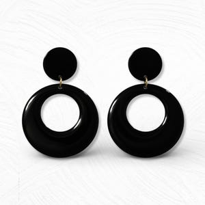 Black Dangle Hoop Earrings, Retro, Handmade from Polymer Clay, Clip-on or pierced