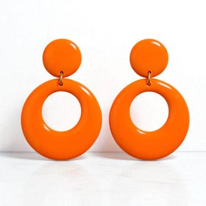 Orange Dangle Hoop Earrings, clips-ons or pierced, retro earrings, gift for her