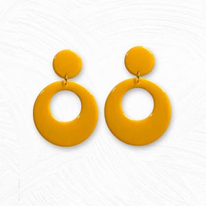 Mustard Yellow Handmade Polymer Clay Dangle Hoop Earrings, Retro, Clip-0n or Pierced, Multiple sizes