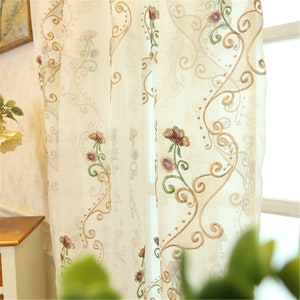 Custom Golden Graceful High Quality Branches Red Florals Embroidered on White Sheer Lace Curtain,Backdrop Living Room Curtains Panels