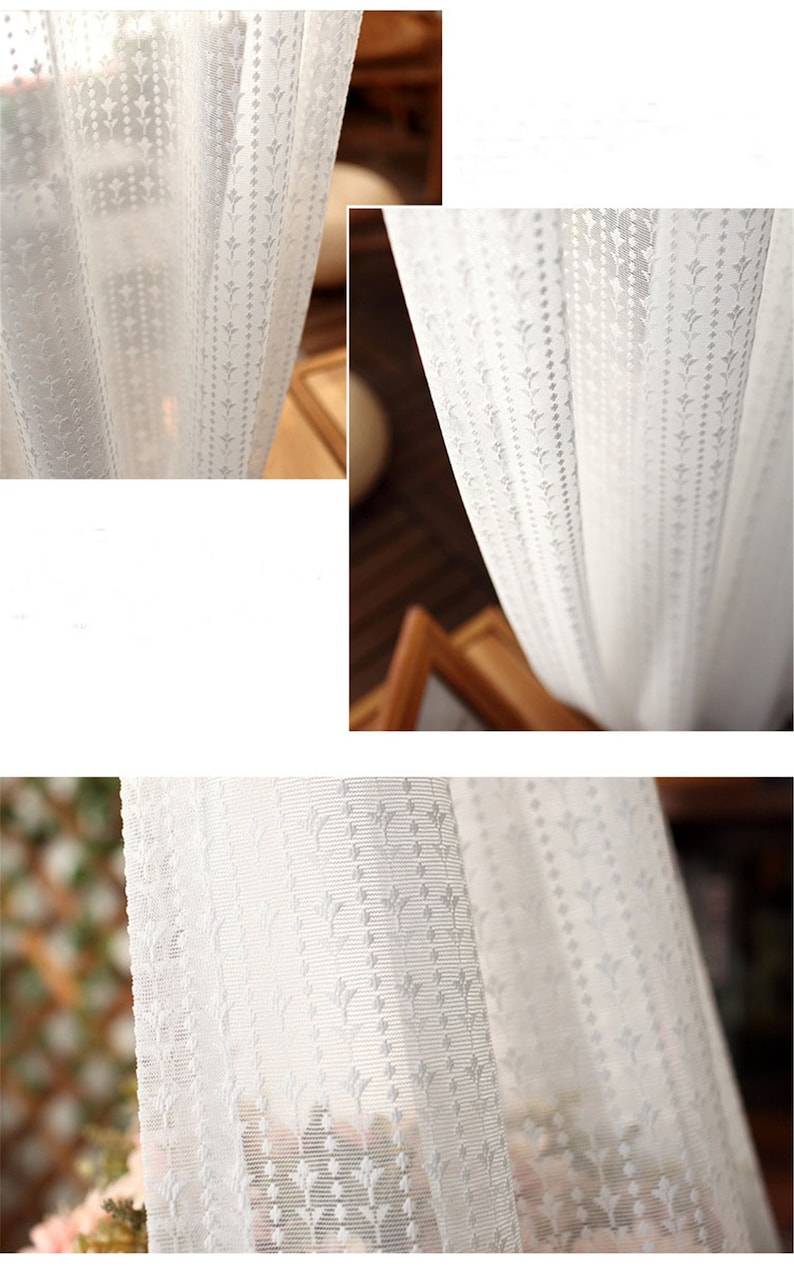 White Lace Small Florals Stripes Jacquard on Sheer Lace Curtain Fabric, Rod Pocket Curtains Panels,Small Flowers Lines White Dot Lines image 3