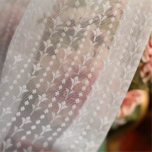 White Lace Small Florals Stripes Jacquard on Sheer Lace Curtain Fabric, Rod Pocket Curtains Panels,Small Flowers Lines White Dot Lines image 9