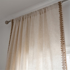 Benutzerdefiniertes 1 Panel Vintage Boho NaturBeige Bambus Leinen Baumwolle Halb blind Verdunkelung Vorhänge Khaki Hanf Hohlbesatz,Extralanger Vorhang