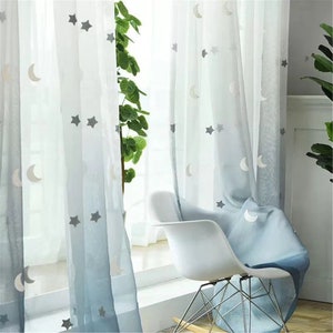 Custom Curtains Moon Stars Embroidered on Gradient Sheer Lace Curtain,Diamond Curtain,Party Curtain,Blue Grey Gradient Curtains,Children
