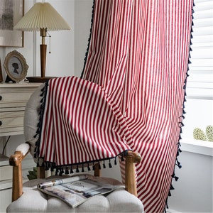 Custom 1 Panel Bohemian Red Slim Stripes Curtain,Vertical Striped Linen Curtains,Blue Tassel Trim,Extra Long Curtain,Rod Pocket Panels