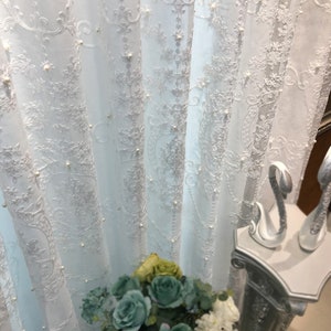 Cotton White Europe Moden Floral Design White Beads Hand Embroidered Sheer Lace Curtain,Wedding Curtain Backdrop Wedding Curtain Panels