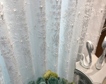 White Floral Embroidered Lace Curtain with Beads: Sheer Wedding Backdrop
