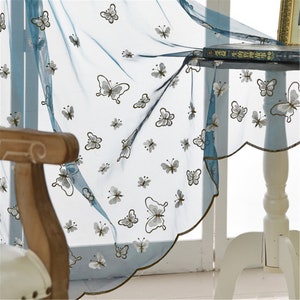 Custom Silk Touching Thousands of White Brown Butterflies Flying Embroidered on Blue Sheer Curtain ,Backdrop Living Room Curtains Panels