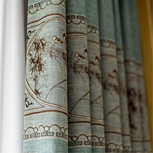 Custom 1 Pair Curtains Blue Green Bamboo Birds Jacquard Embroidered Cotton Linen Blackout Curtains For Living Room,Bedroom,85% Blinding