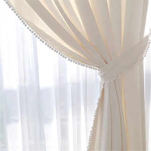 Solid White Semi Sheer Curtain Fabric with Pompom Ball Trim,Custom  Curtains,Boho Curtains,Semi Sheer Drapes,Semi Sheer Cafe Curtains