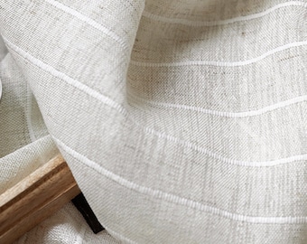 White Linen Sheer Curtain Fabric: Beige Pinstripe, Custom Length