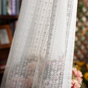 White Lace Small Florals Stripes Jacquard on Sheer Lace Curtain Fabric, Rod Pocket Curtains Panels,Small Flowers Lines White Dot Lines image 8