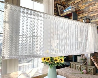 Rideaux Courts Blanc Lin Et Dentelle - Fait Main Pour Cuisine - 76x40 Cm
