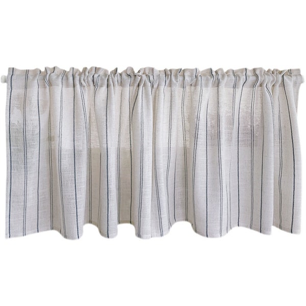 Pair of Navy Blue Jacquard Vertial Stripes Linen Sheer Café Curtains,Farmhouse Kitchen Curtains,Window Panel Kitchen Curtain Bathroom Living