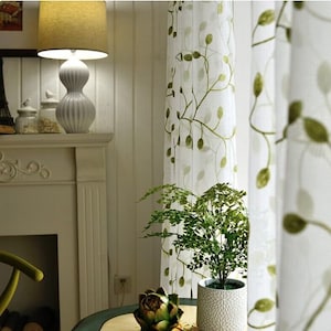 Custom Green Tree Leaves Branches Vines Embroidered on White Sheer Lace Curtain,Backdrop Living Room Curtains Panels
