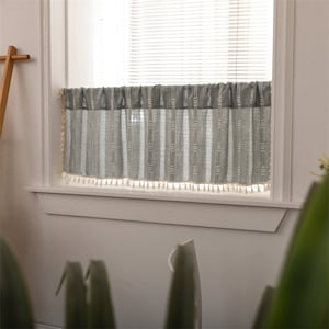 Pair Of White Cotton Twist Stripes Jacquard Grey/Khaki/White Linen Cotton Café Curtains Ivory Tassels,Kitchen Curtain Bathroom Hollow Lace