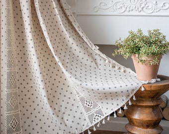 Bohemian Beige Linen Curtain: Crochet Lace Stripes & Tassels