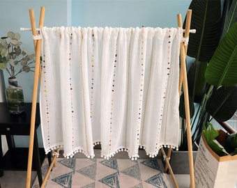 Sheer Cafe Curtains: Linen Blend with Pom Pom Trim