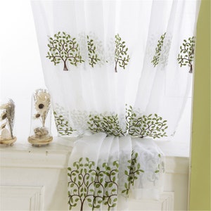 Custom Large Green Fortune Trees Lines Embroidered on White Sheer Lace Curtain,Backdrop Living Room Curtains Panels,Country Home Decor