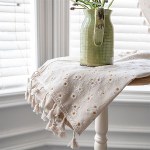 Bohemian Daisy Linen Cotton Curtain: Ivory Tassel, Ethnic Window Panel