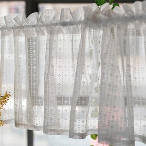 Pair of White Small Plane Flowers Stripes Hollow Sheer Café Curtains,Farmhouse Kitchen Curtains,Window Panel Kitchen Curtain Bathroom Living