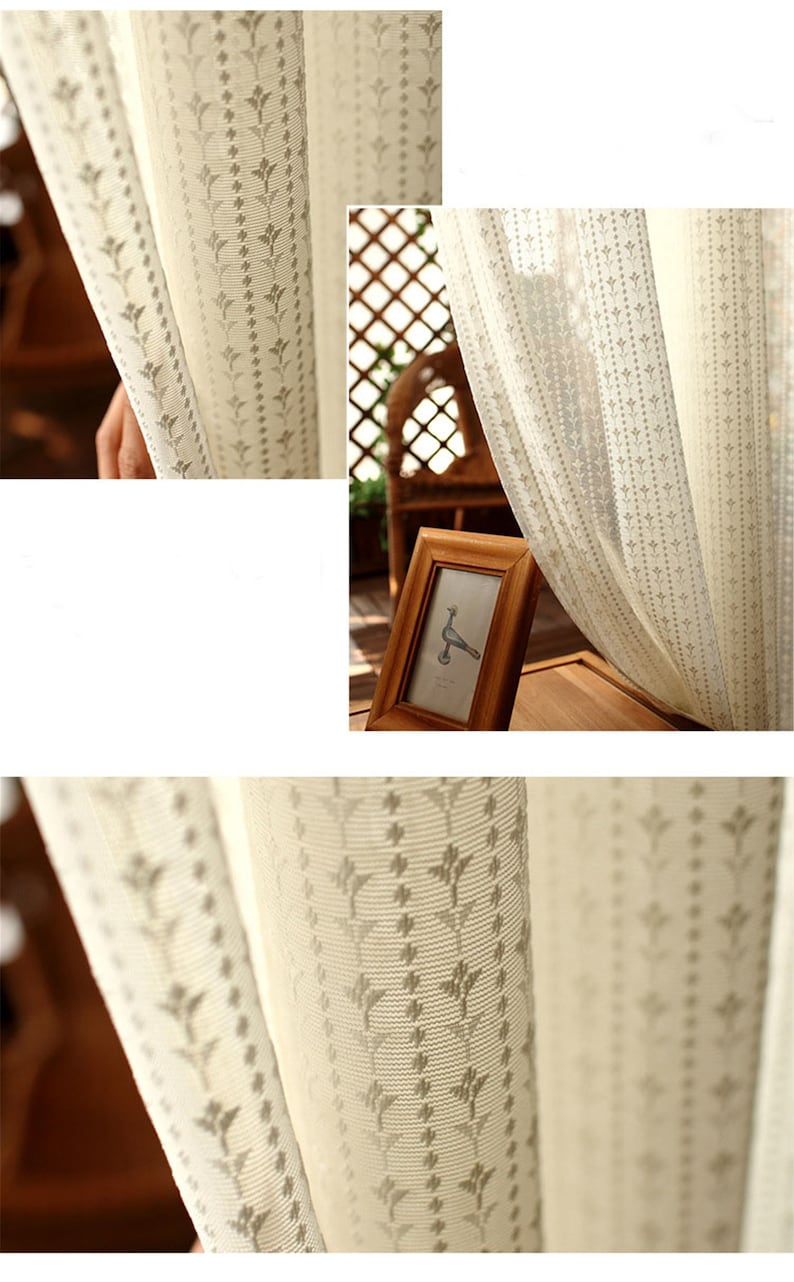 White Lace Small Florals Stripes Jacquard on Sheer Lace Curtain Fabric, Rod Pocket Curtains Panels,Small Flowers Lines White Dot Lines image 6