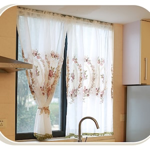 Pair Of Pink Poney Flowers Circle Garden on White Linen Cotton Sheer Café Curtains Green Pompom Trim,Kitchen Curtain Bathroom Hollow Lace