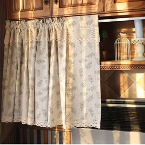 Pair Of Vintage Little Green Olive Branches Leaves Vines Beige Cotton Café Curtains Crochet Lace Trim,Kitchen Curtain Bathroom Living