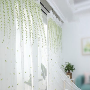 Curtain Green Willow Trees Embroidered on White Sheer Curtain,White Willow Branches Embroidery Pattern Designs Girls Lady Living Room Custom