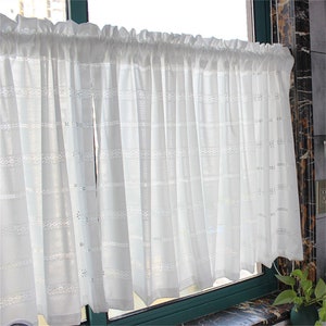Pair of American White Flower Hollow Horizontal Stripes Lace Sheer Café Curtains,Farmhouse Kitchen Curtains,Bathroom Living Room,Door